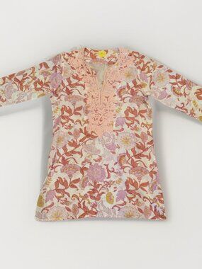 Roberta Roller Rabbit Pink Kurta Tunic Top w/Lush Pink Floral Embroidery Medium